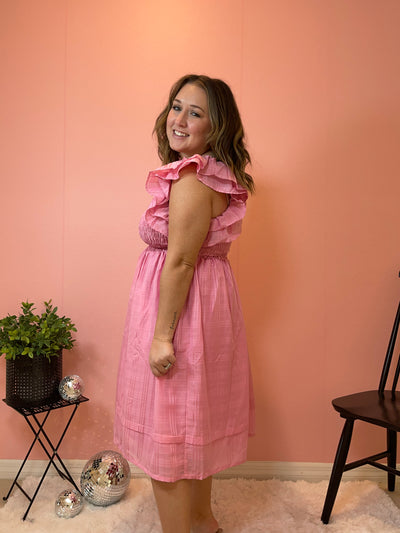 Smocked Pink Ruffle Woven Dress