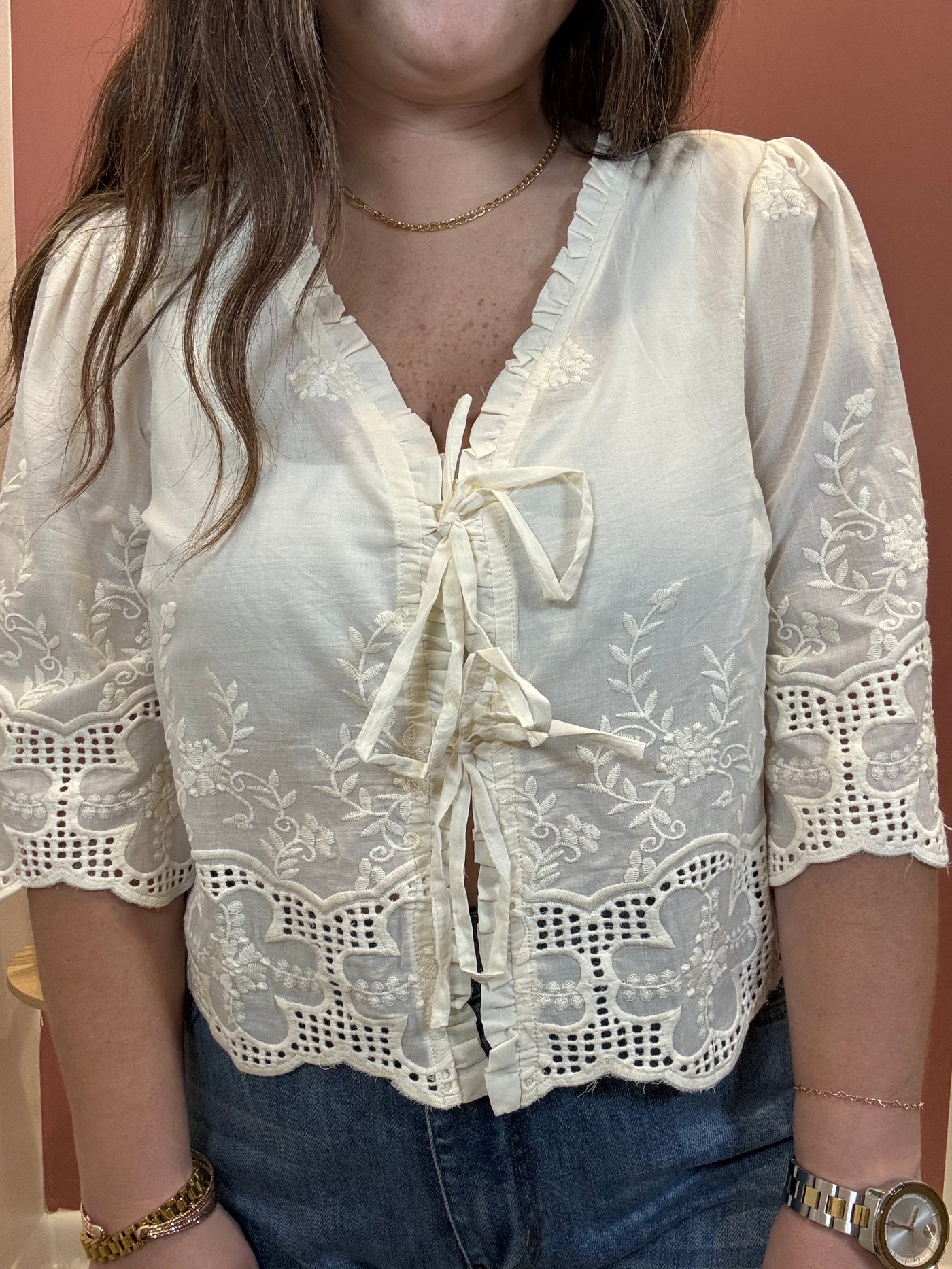 Floral Embroidery Tie Front Blouse