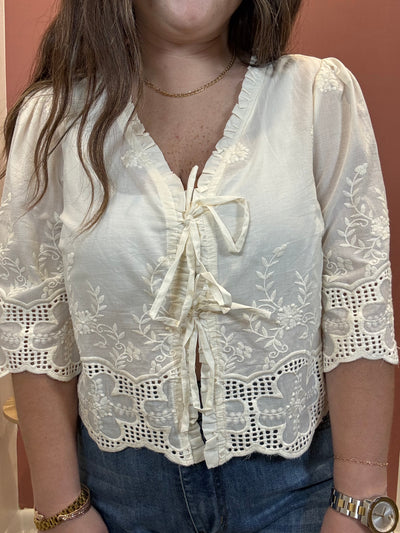 Floral Embroidery Tie Front Blouse