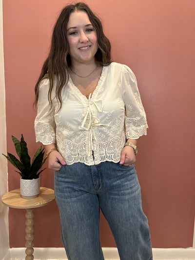 Floral Embroidery Tie Front Blouse