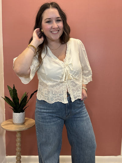Floral Embroidery Tie Front Blouse