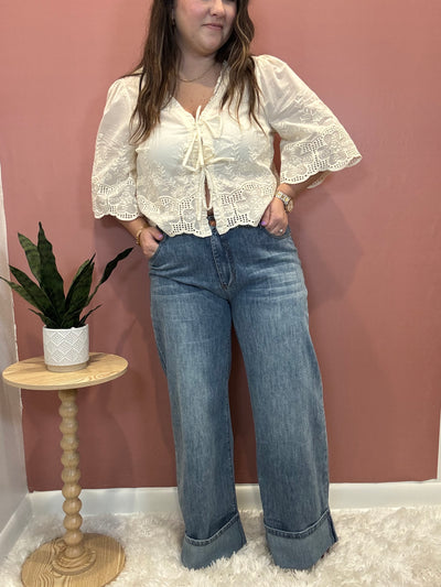 Floral Embroidery Tie Front Blouse