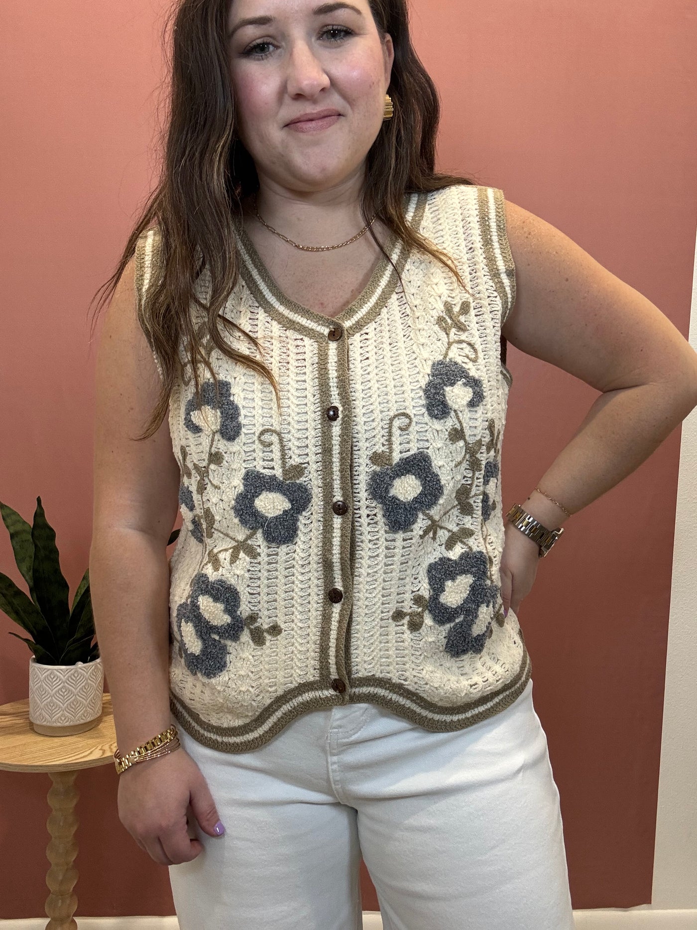 Floral Embroidery Patch Crochet Sweater Vest