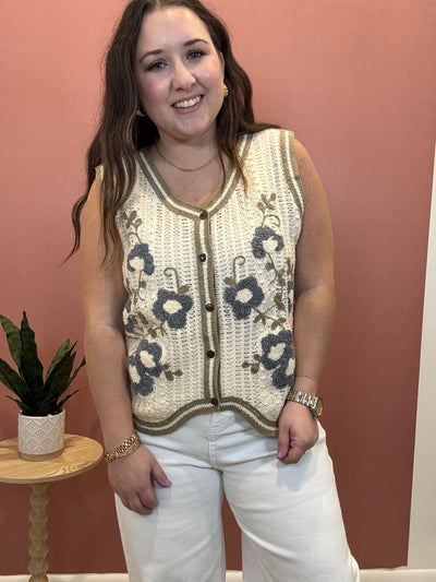 Floral Embroidery Patch Crochet Sweater Vest