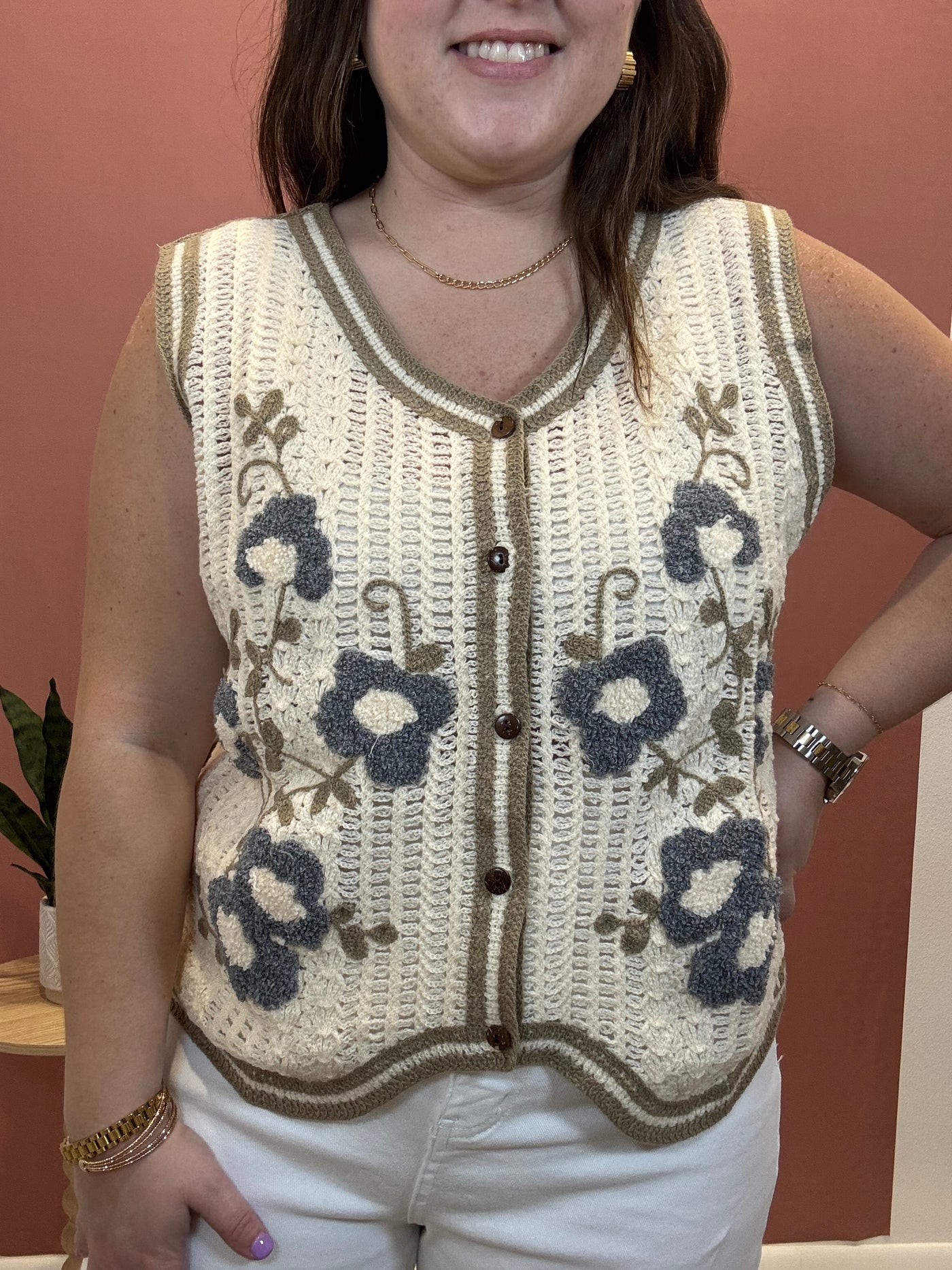 Floral Embroidery Patch Crochet Sweater Vest