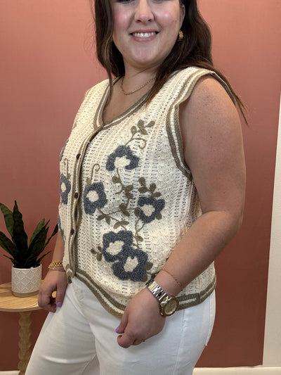 Floral Embroidery Patch Crochet Sweater Vest