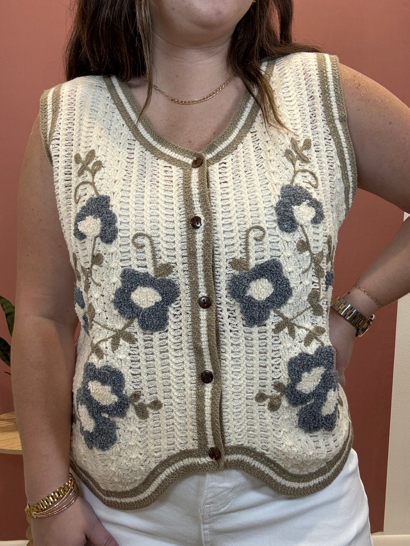 Floral Embroidery Patch Crochet Sweater Vest