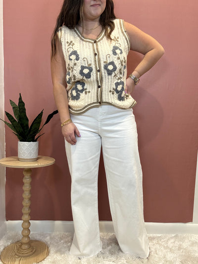 Stretch High Rise Wide Leg Cropped Denim Jean | White