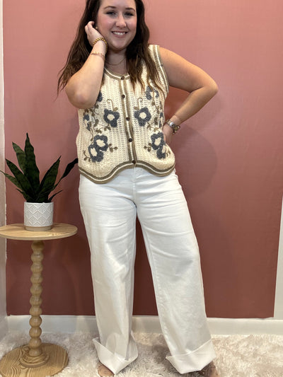 Stretch High Rise Wide Leg Cropped Denim Jean | White