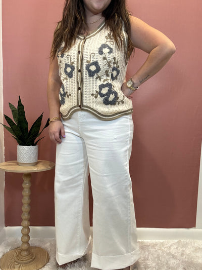 Stretch High Rise Wide Leg Cropped Denim Jean | White