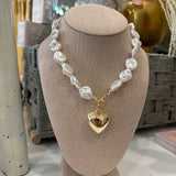 Pearl Beaded Heart Charm Toggle Necklace