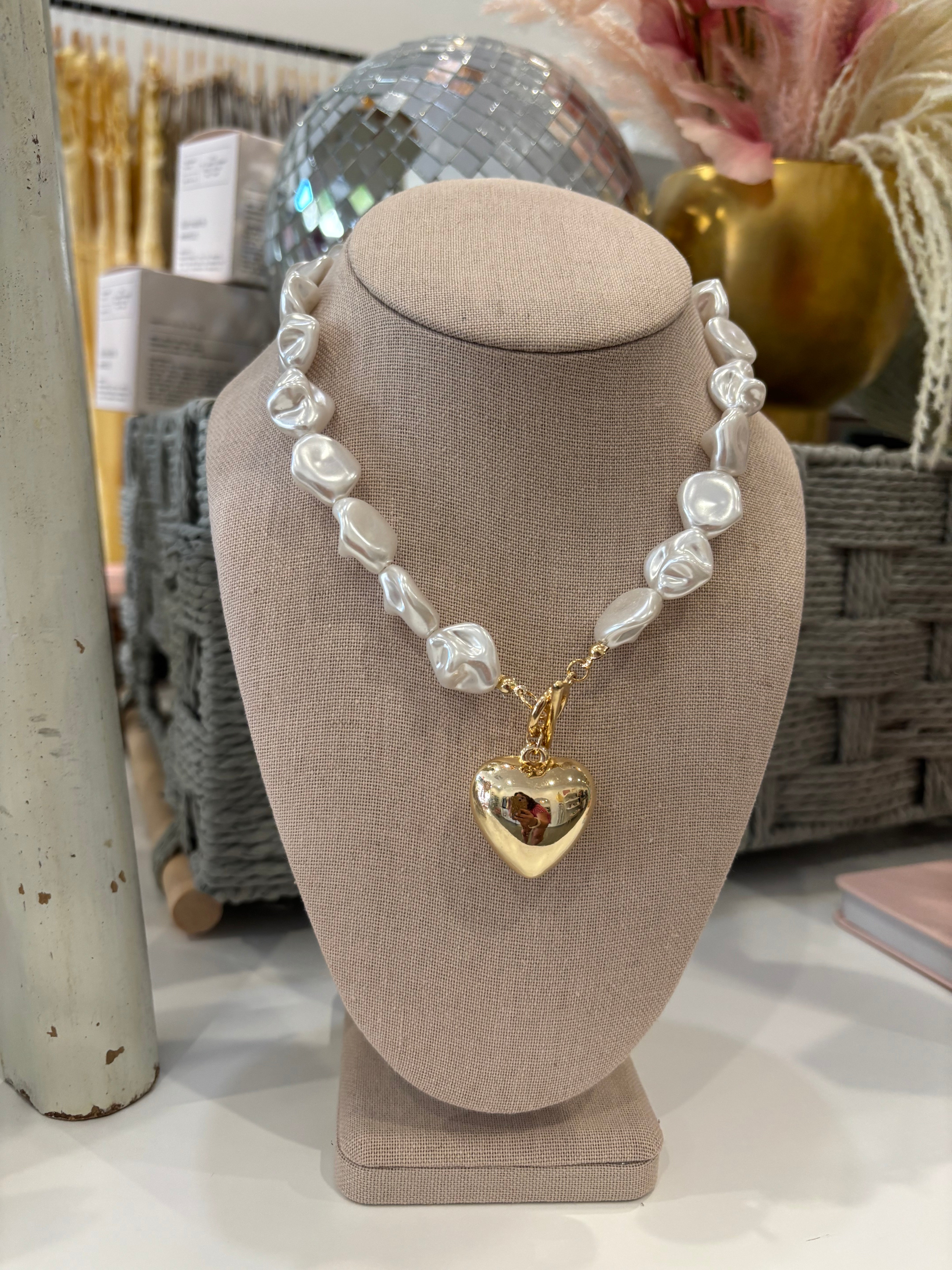 Pearl Beaded Heart Charm Toggle Necklace