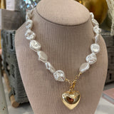 Pearl Beaded Heart Charm Toggle Necklace