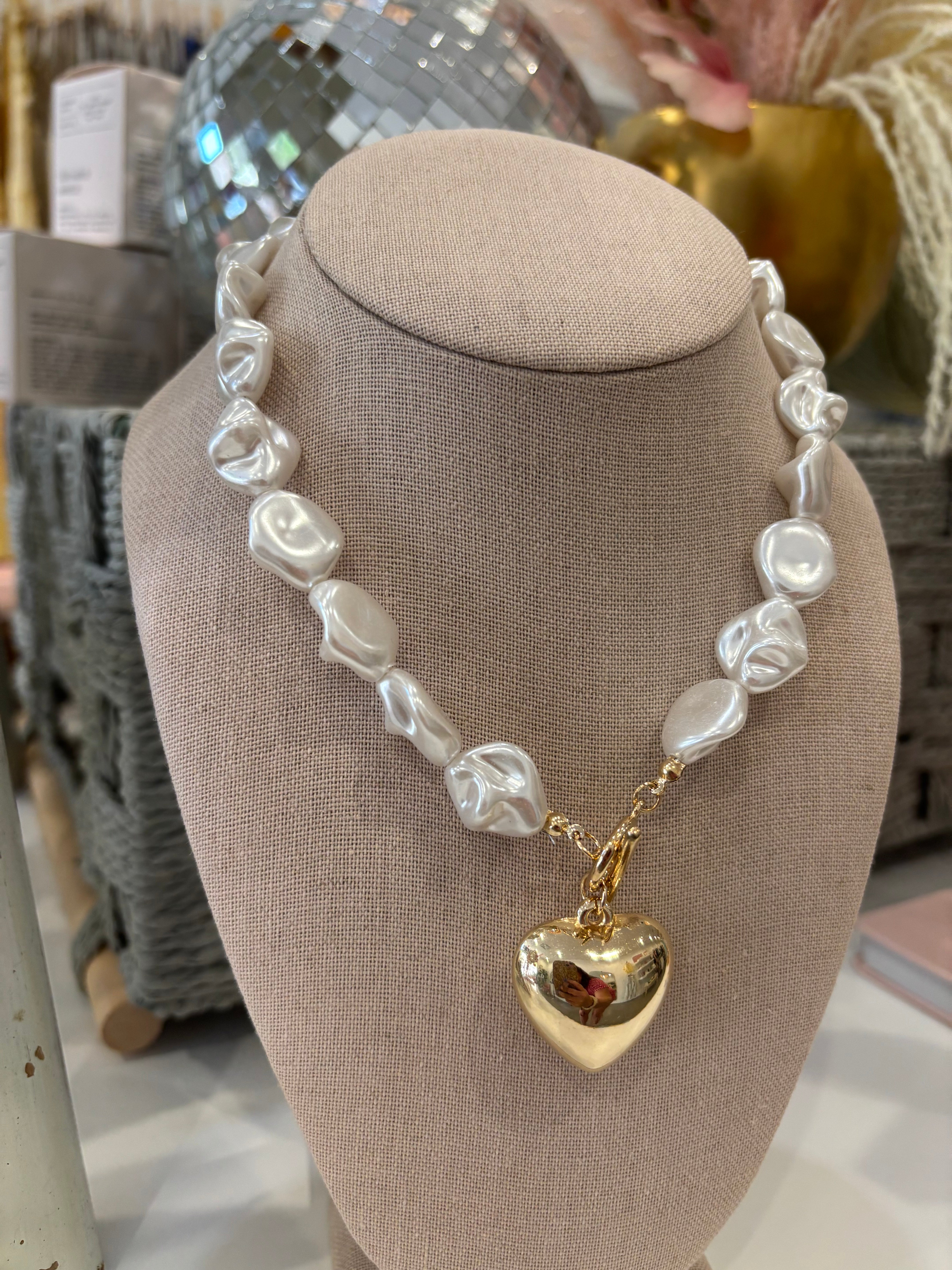 Pearl Beaded Heart Charm Toggle Necklace