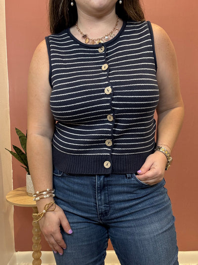 Stripe Raw Edge Button Down Cardigan Vest