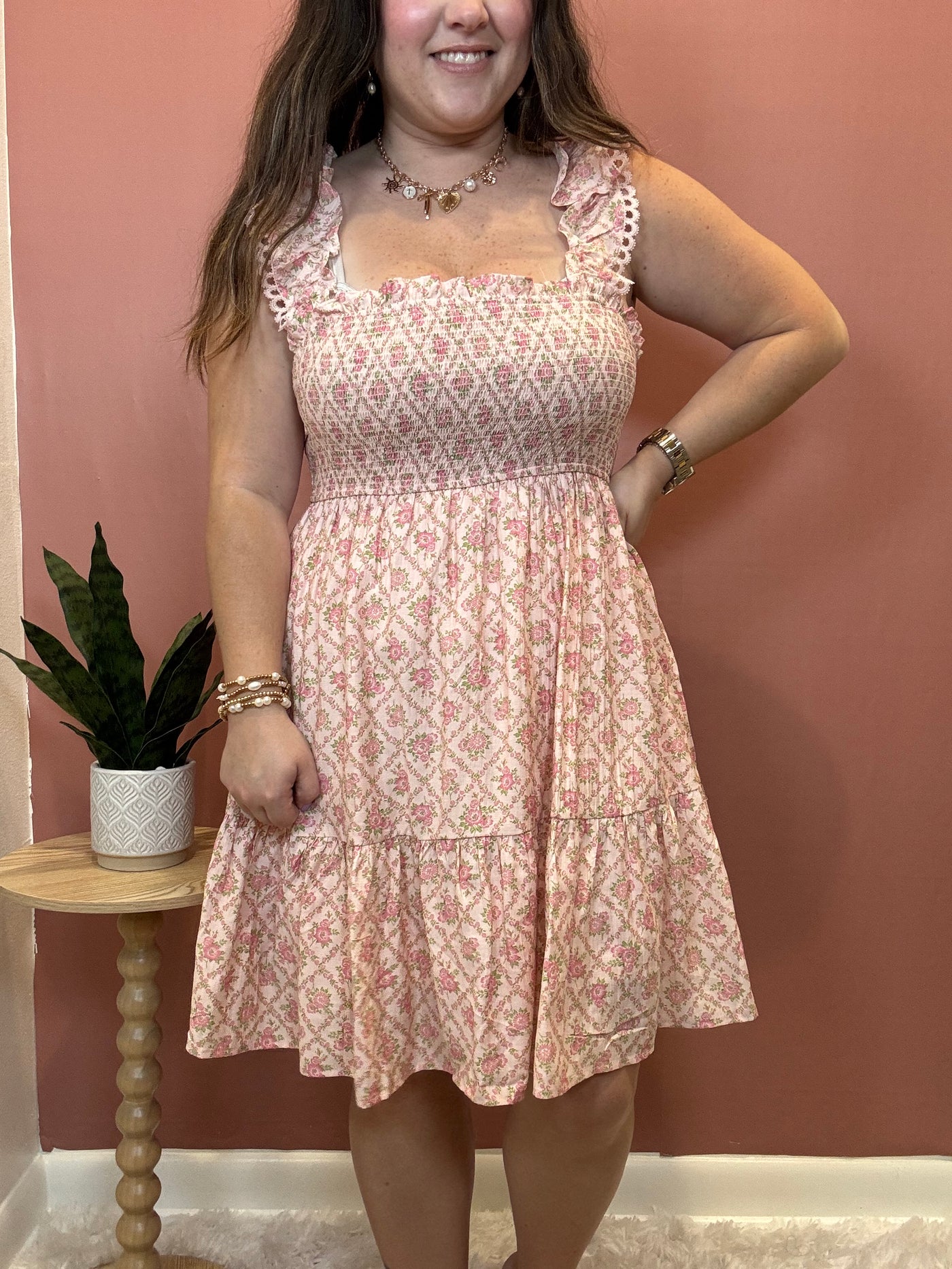 Floral Trellis Pattern Smocked Mini Dress