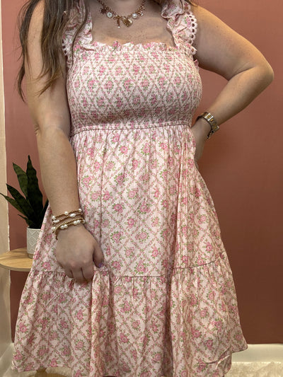 Floral Trellis Pattern Smocked Mini Dress