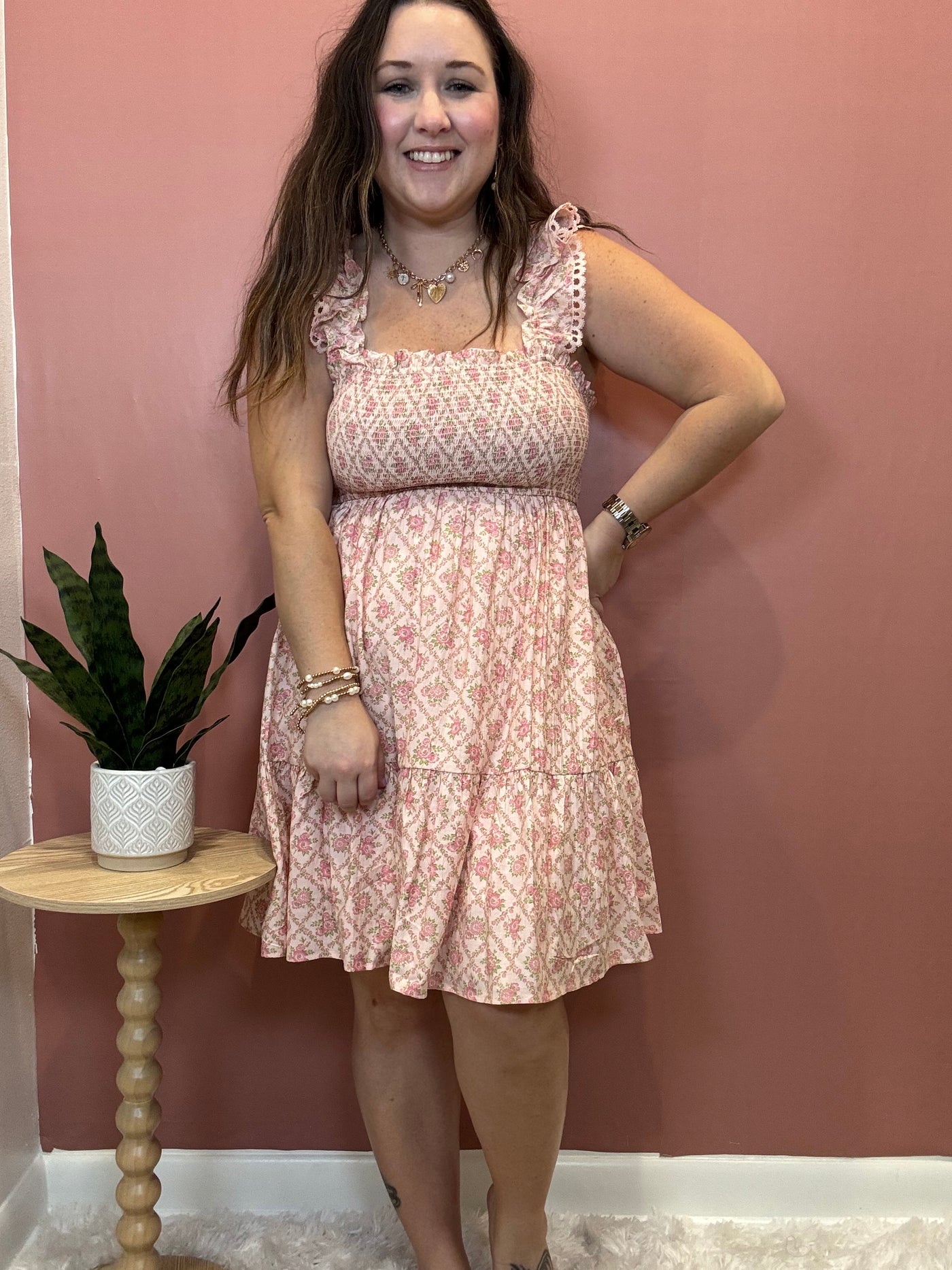 Floral Trellis Pattern Smocked Mini Dress
