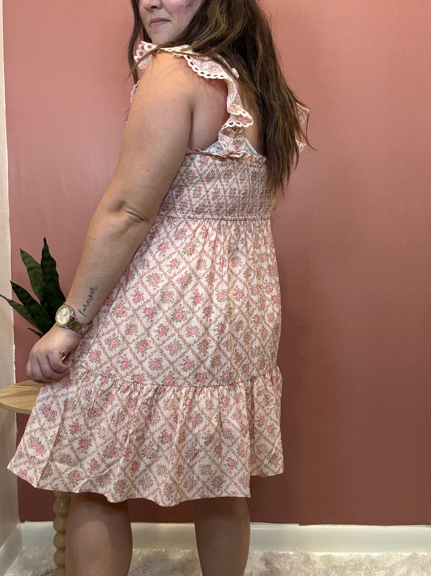Floral Trellis Pattern Smocked Mini Dress