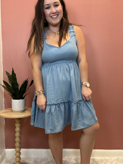 Ruffle Hem Chambray Mini Dress