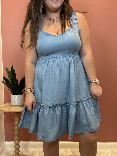 Ruffle Hem Chambray Mini Dress