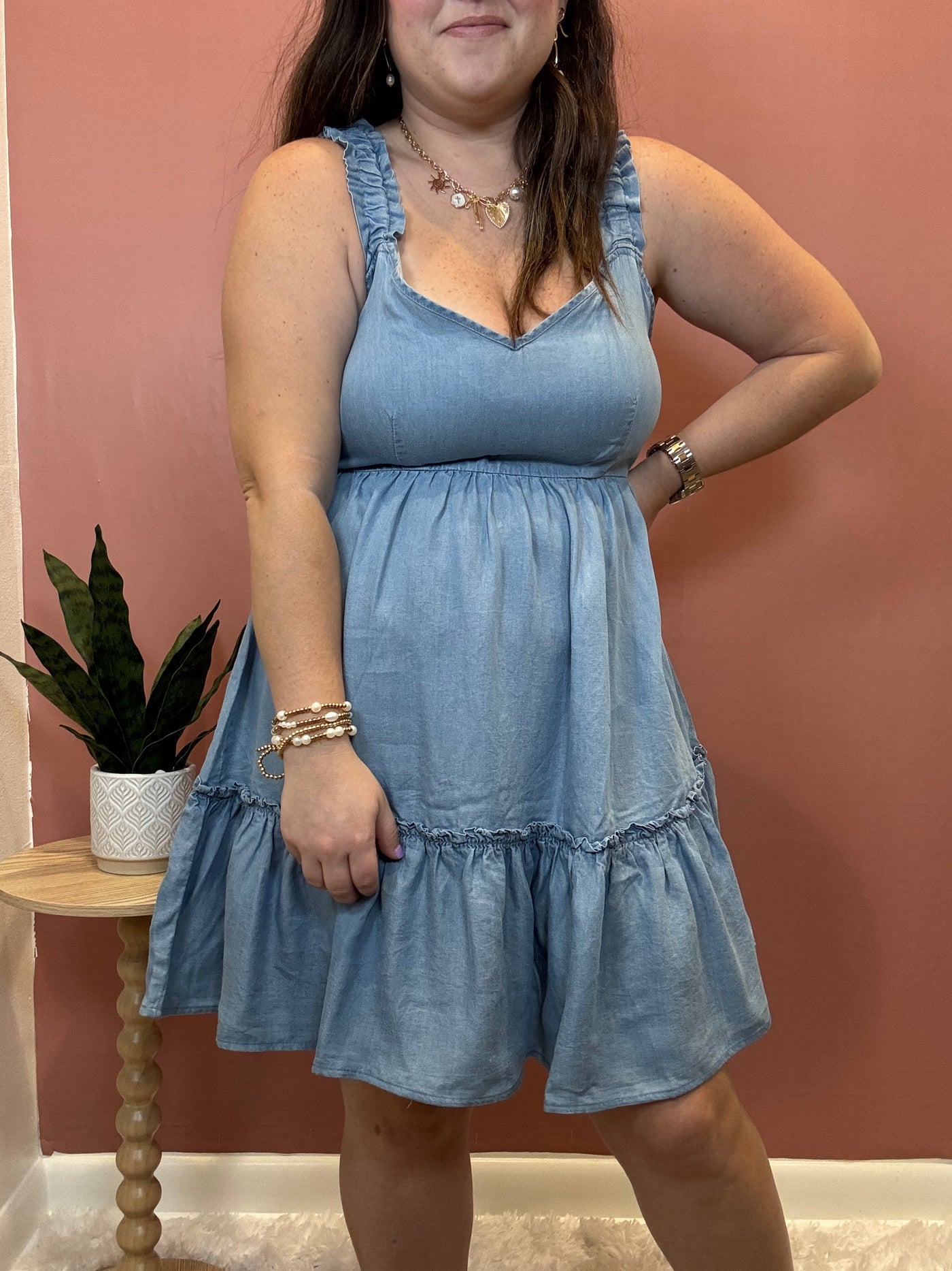 Ruffle Hem Chambray Mini Dress