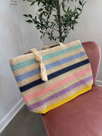 Striped Crochet Women's Tote Bag with Tassel