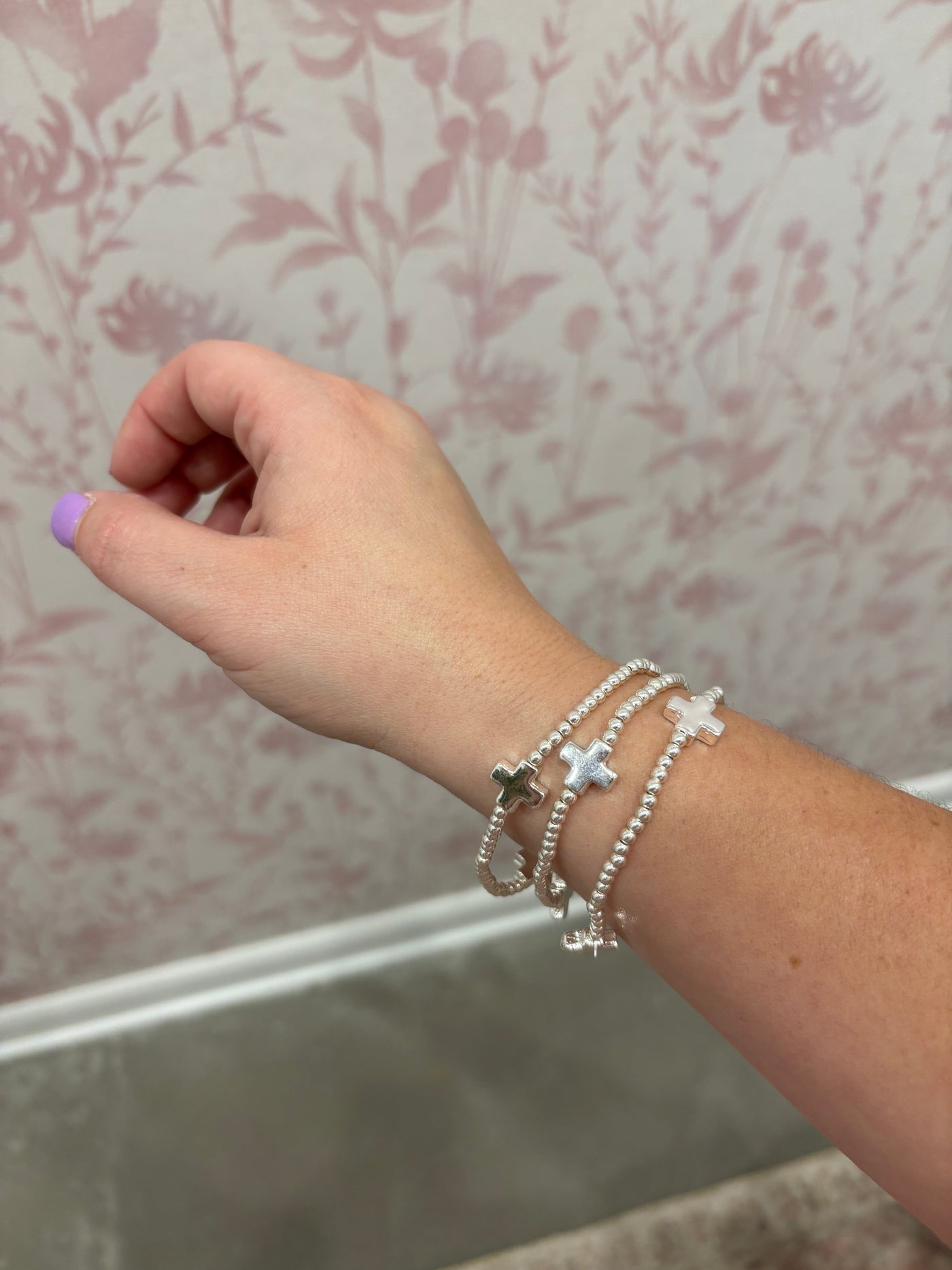 3 Piece Cross Beaded Bracelet Set | Silver