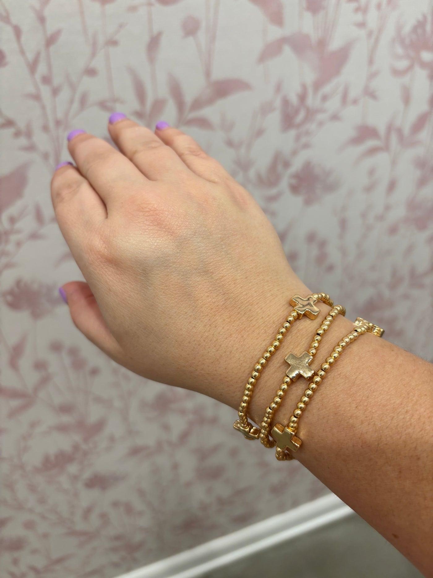3 Piece Cross Beaded Bracelet Set | Gold