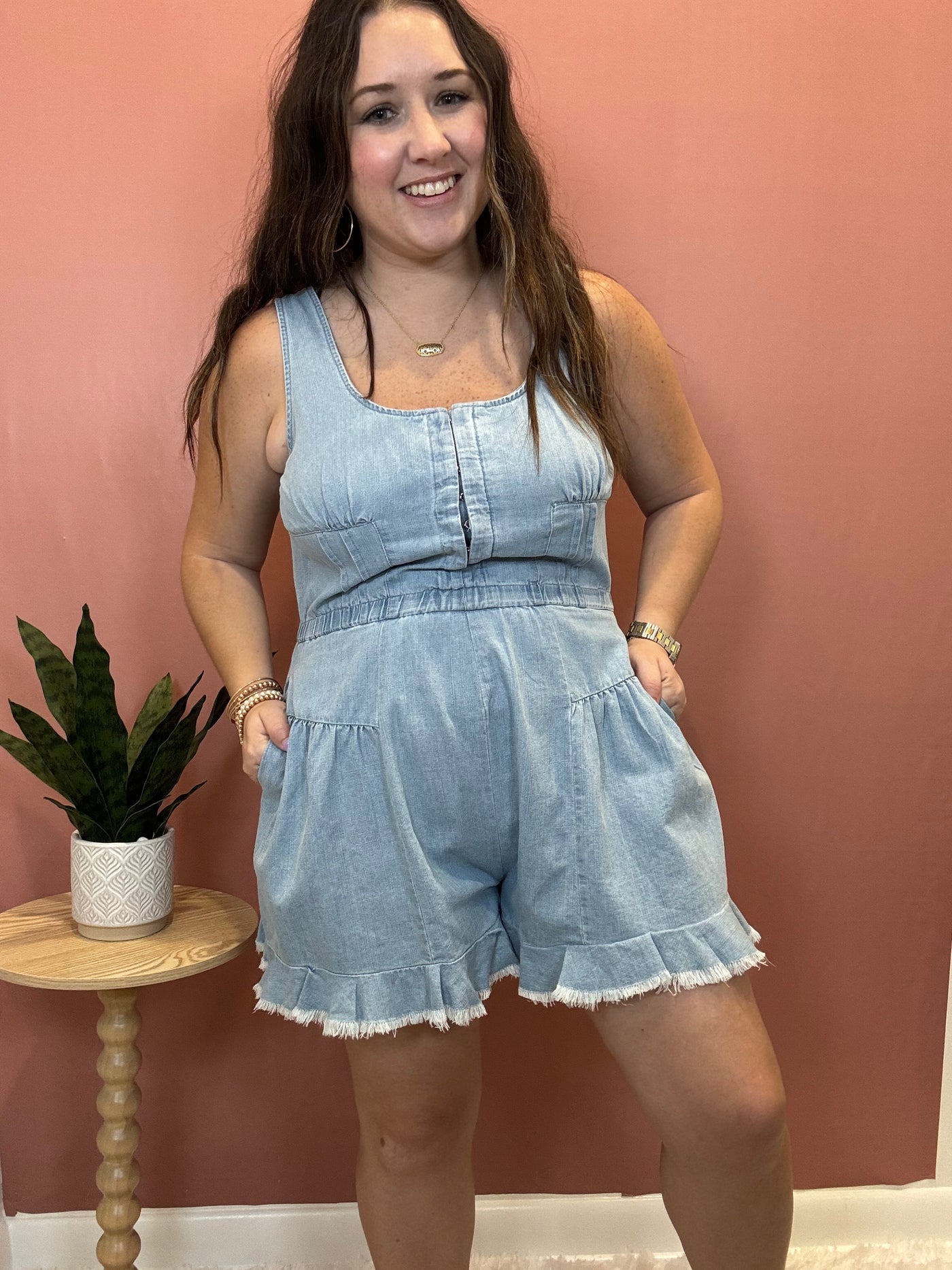 Ruffle Hem Denim Romper