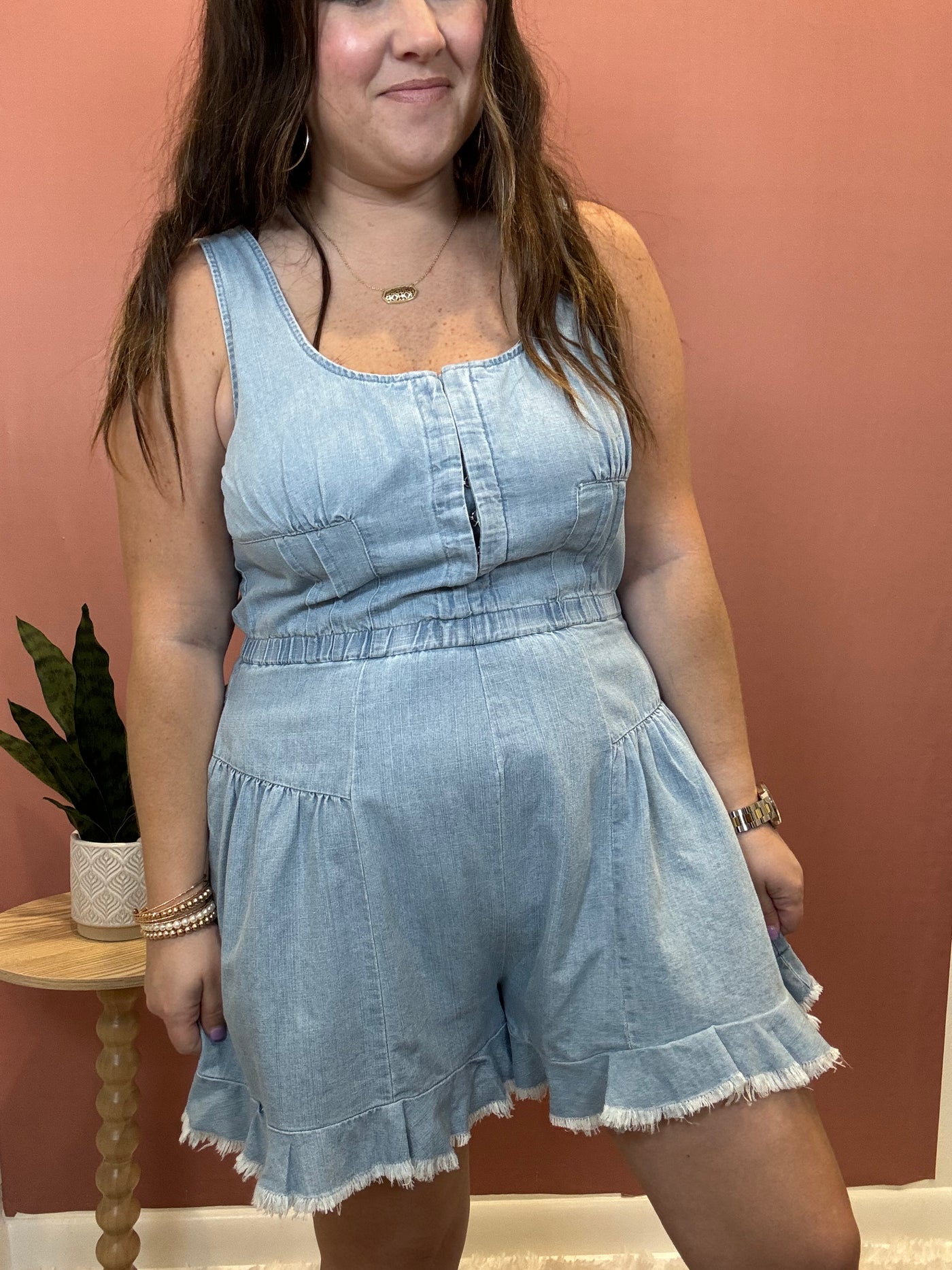 Ruffle Hem Denim Romper