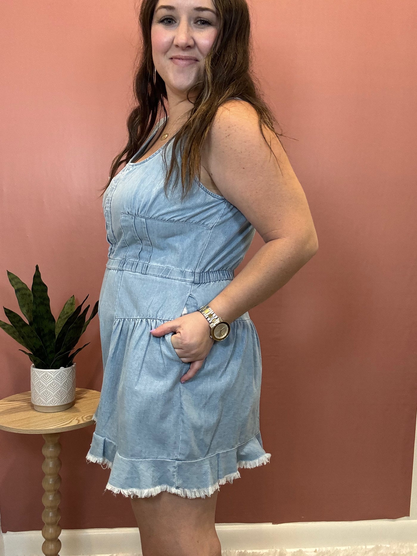 Ruffle Hem Denim Romper