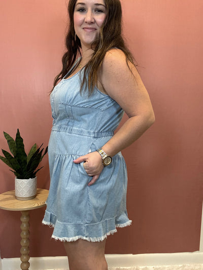 Ruffle Hem Denim Romper