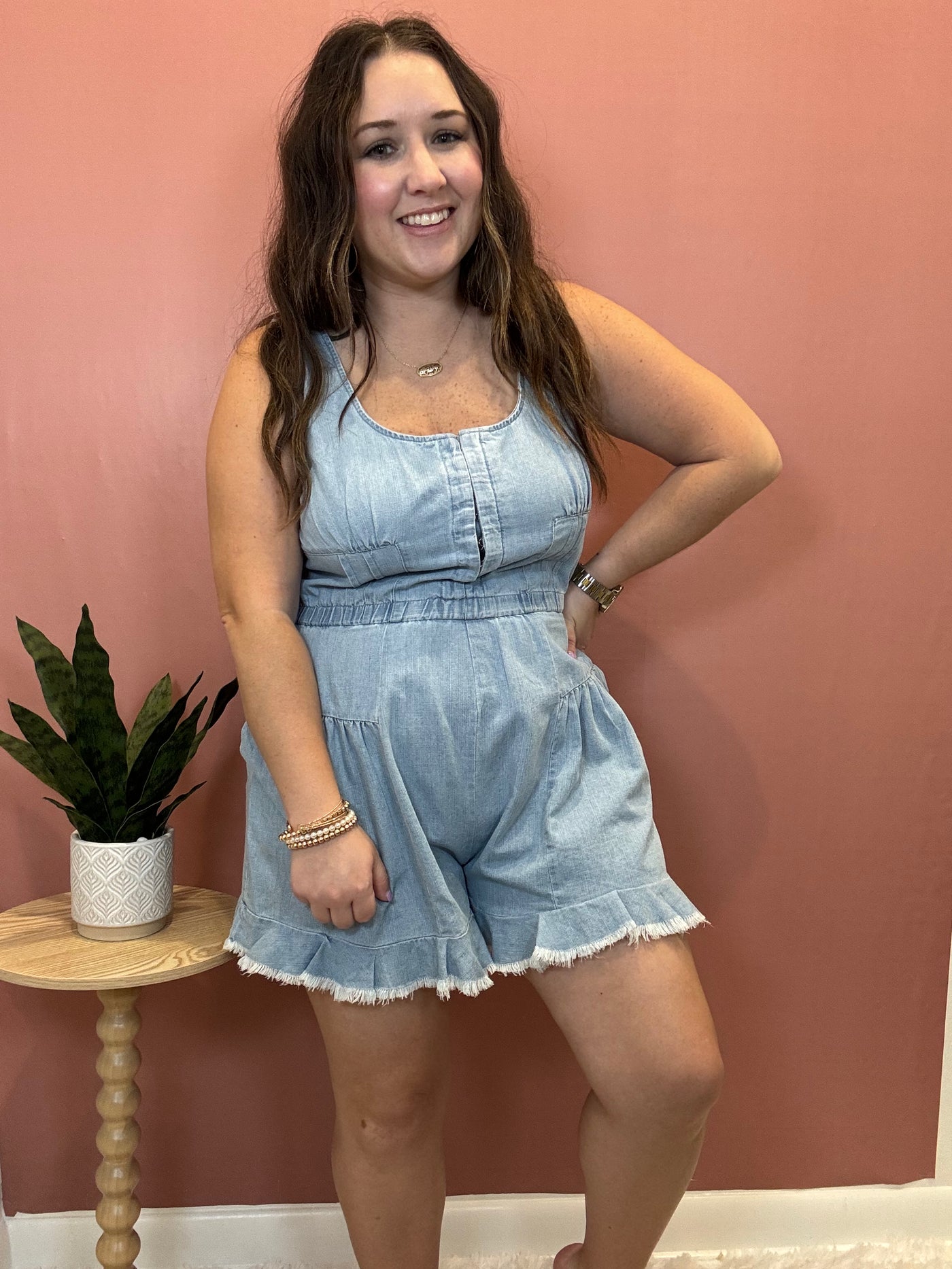 Ruffle Hem Denim Romper