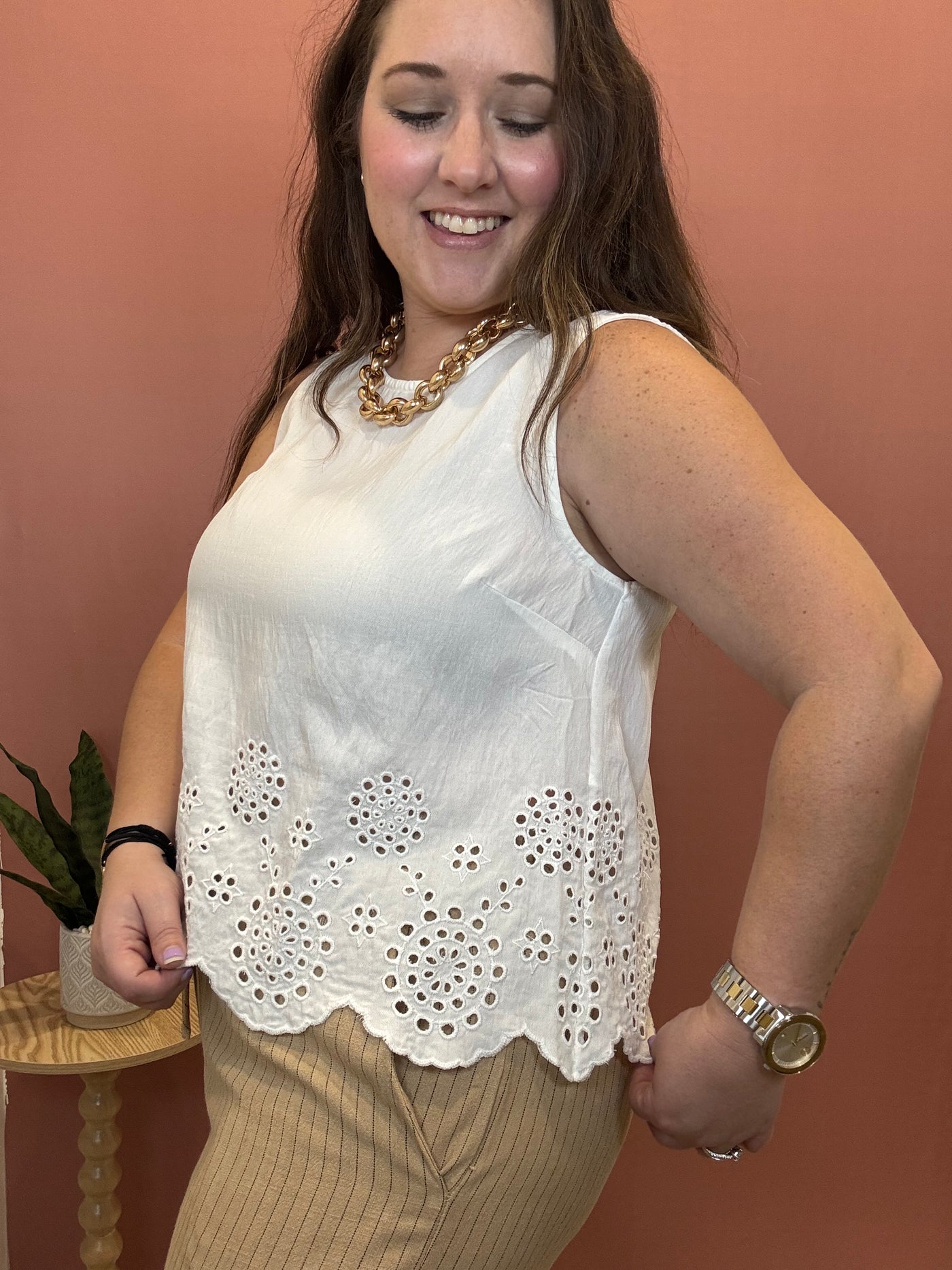 Eyelet Scalloped Hem Blouse | White