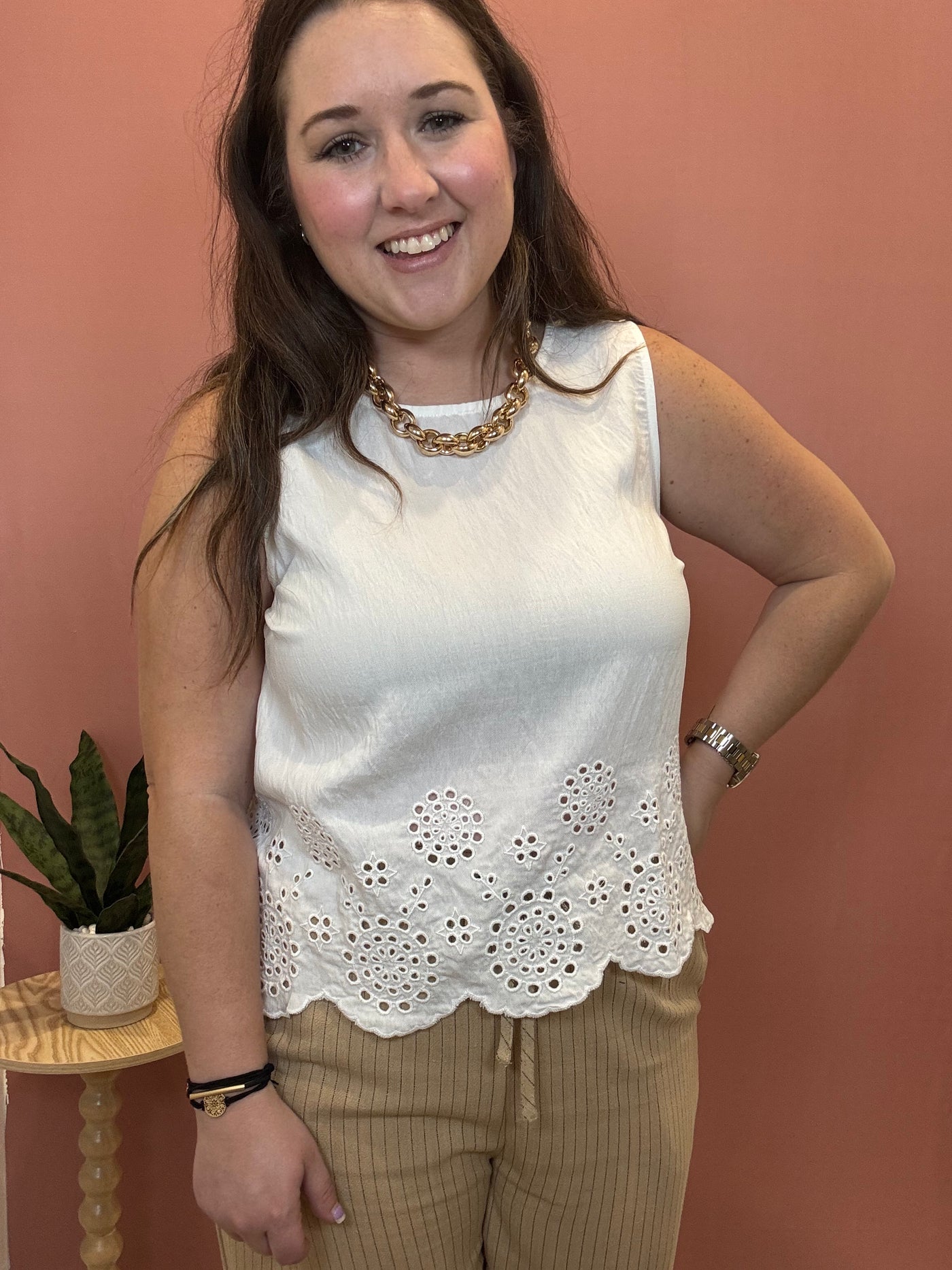 Eyelet Scalloped Hem Blouse | White