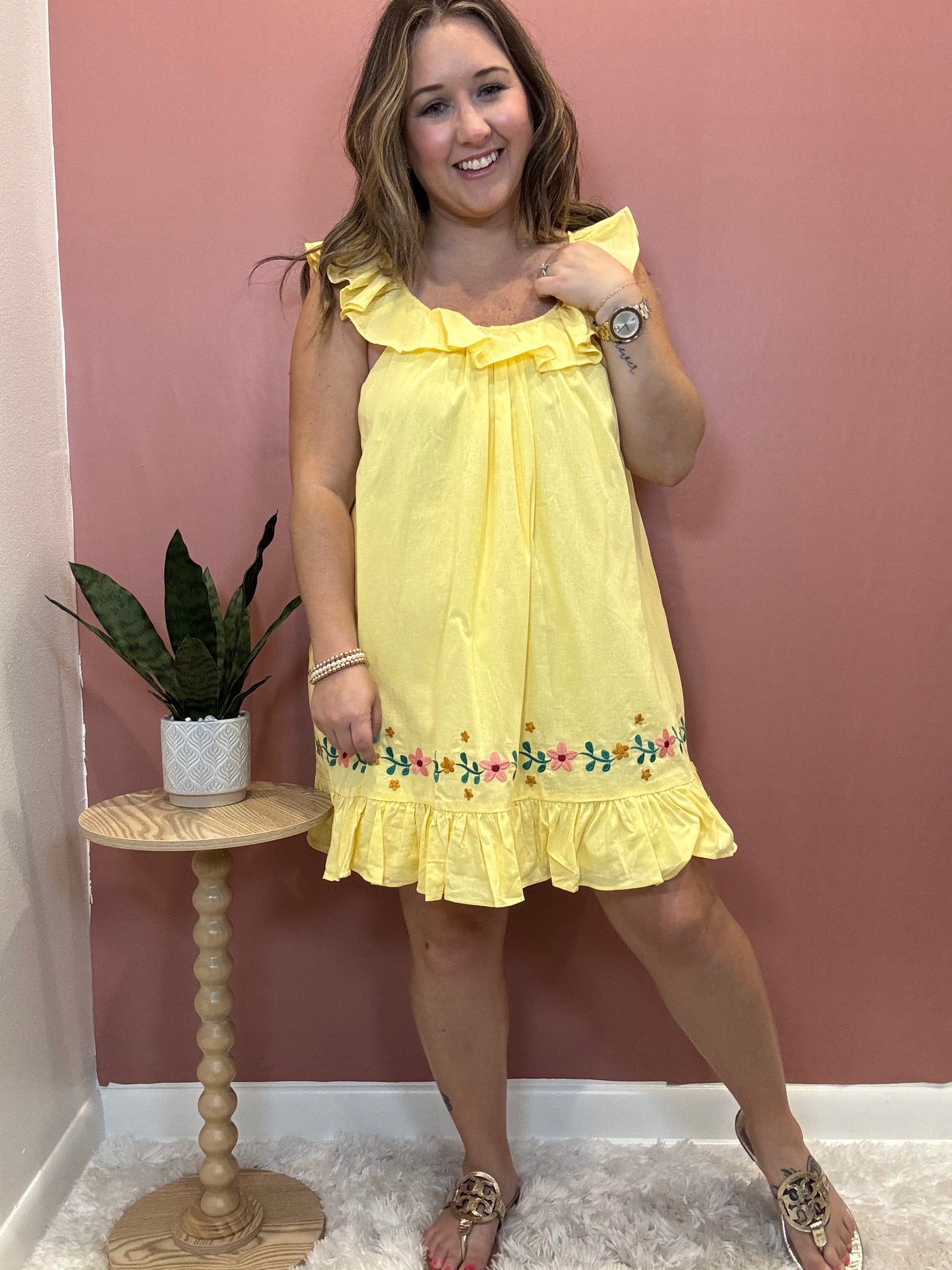 Tie Back Yellow Ruffle Hem Dress
