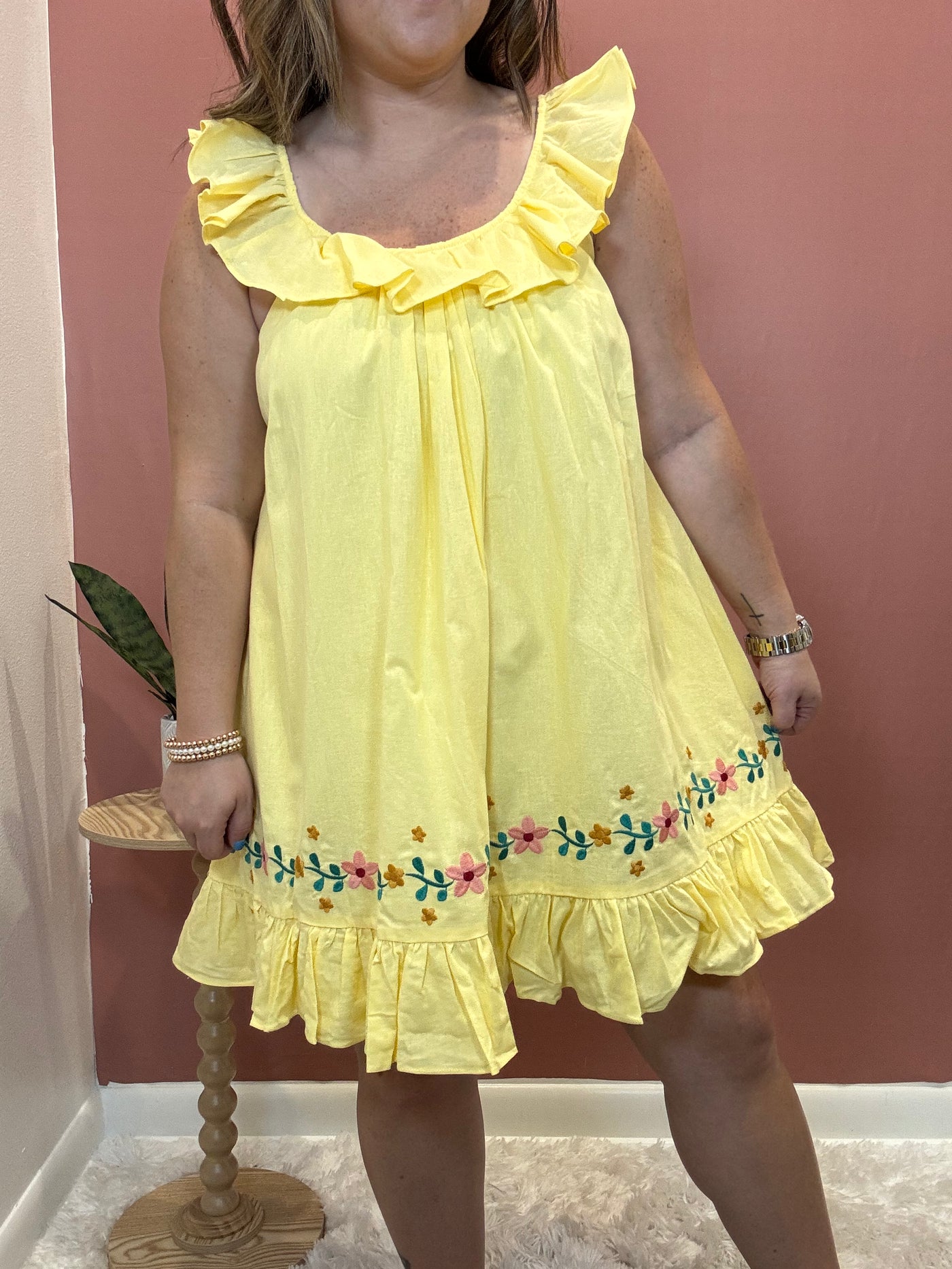 Tie Back Yellow Ruffle Hem Dress