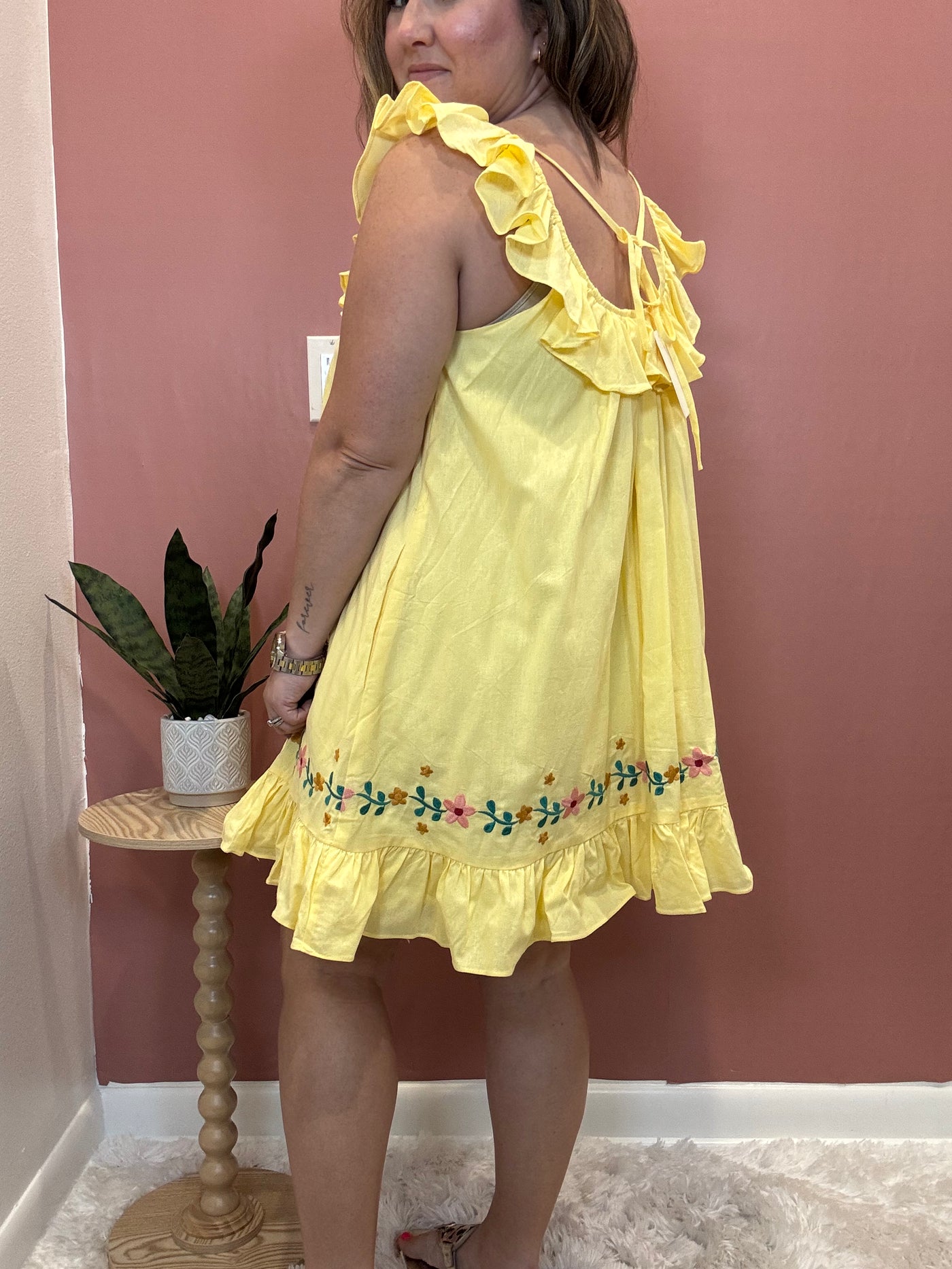 Tie Back Yellow Ruffle Hem Dress