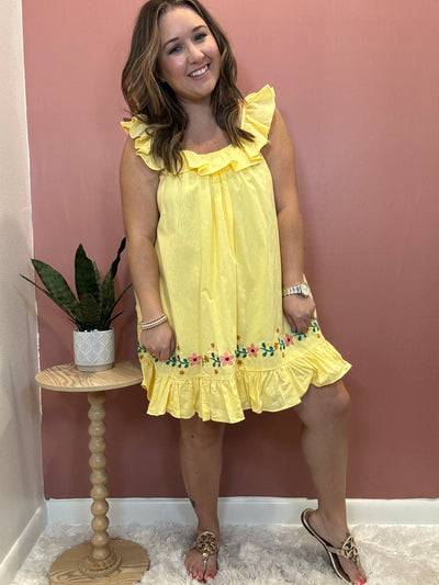 Tie Back Yellow Ruffle Hem Dress
