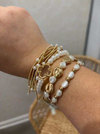 Pearl Beads and Metallic Coil Bracelet Set