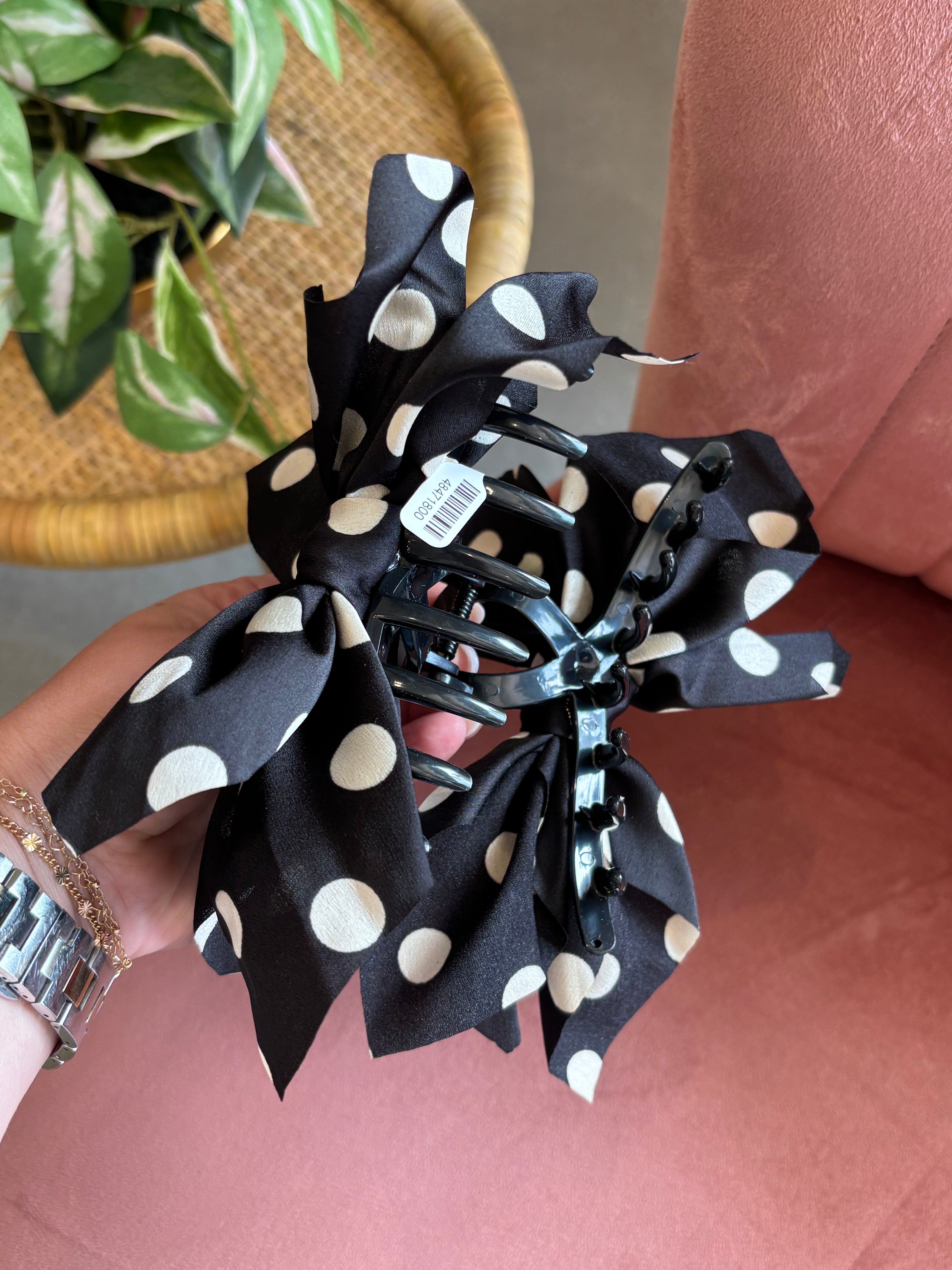 Boho Vintage Hair Claw Clip | Black Polka Dot