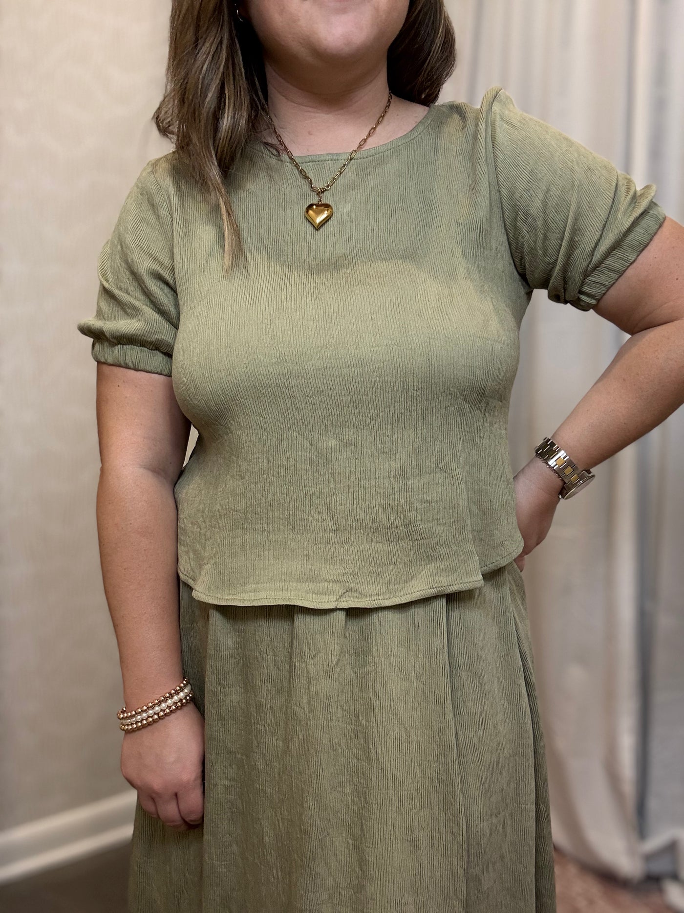 Puff Sleeve Back Tie Shirt | Olive Green