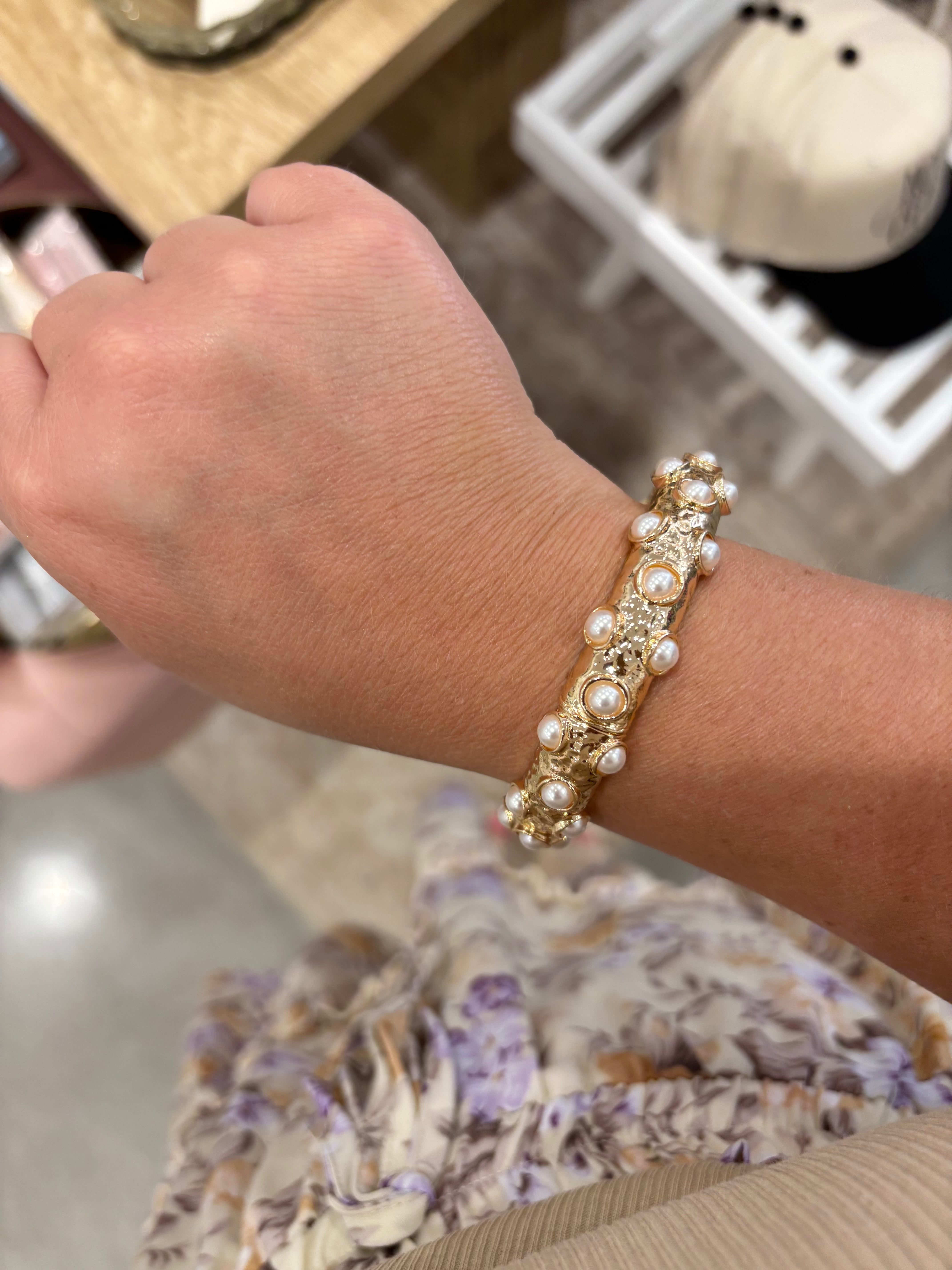 Gold & Pearl Bangle Bracelet