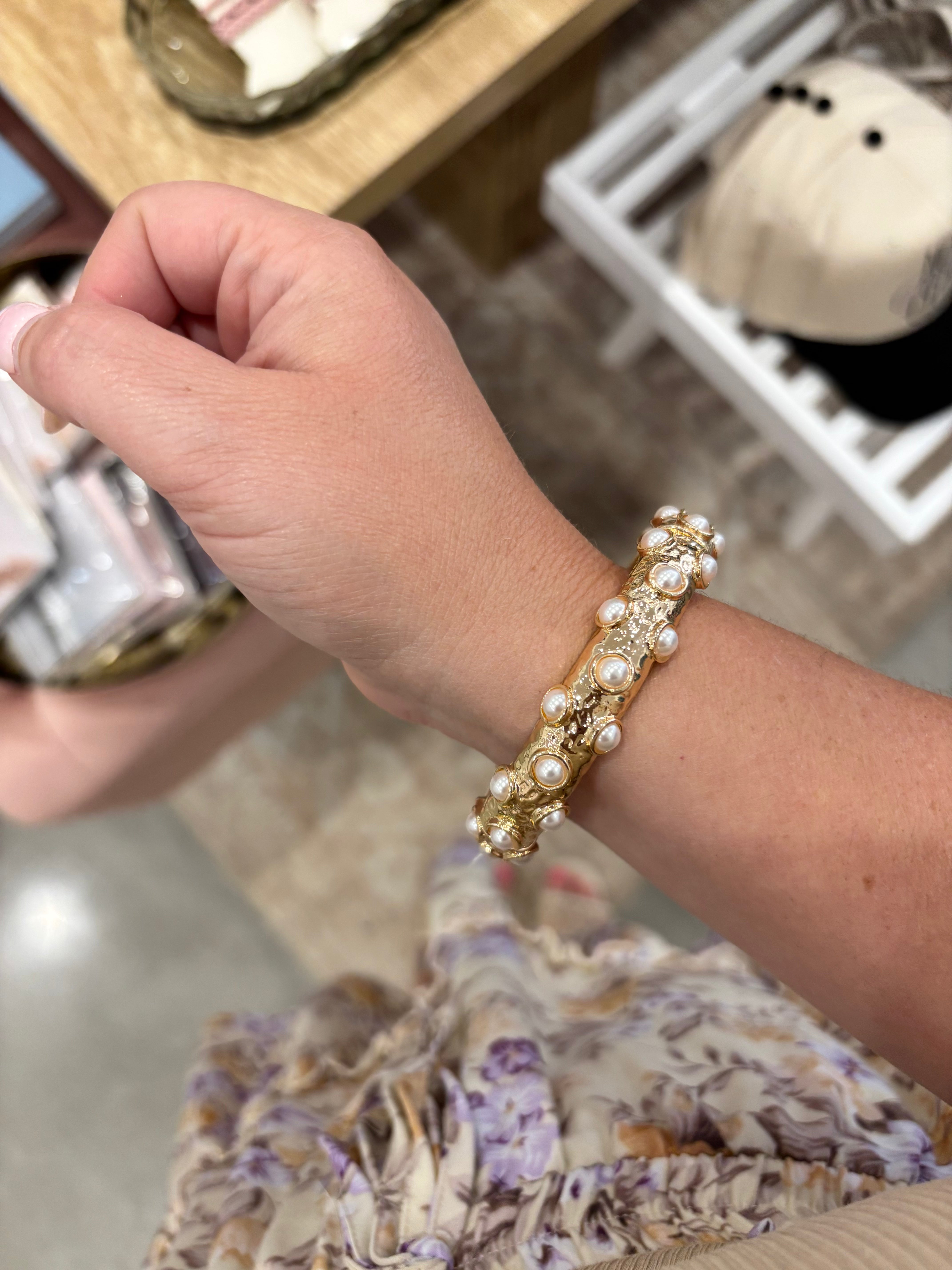 Gold & Pearl Bangle Bracelet