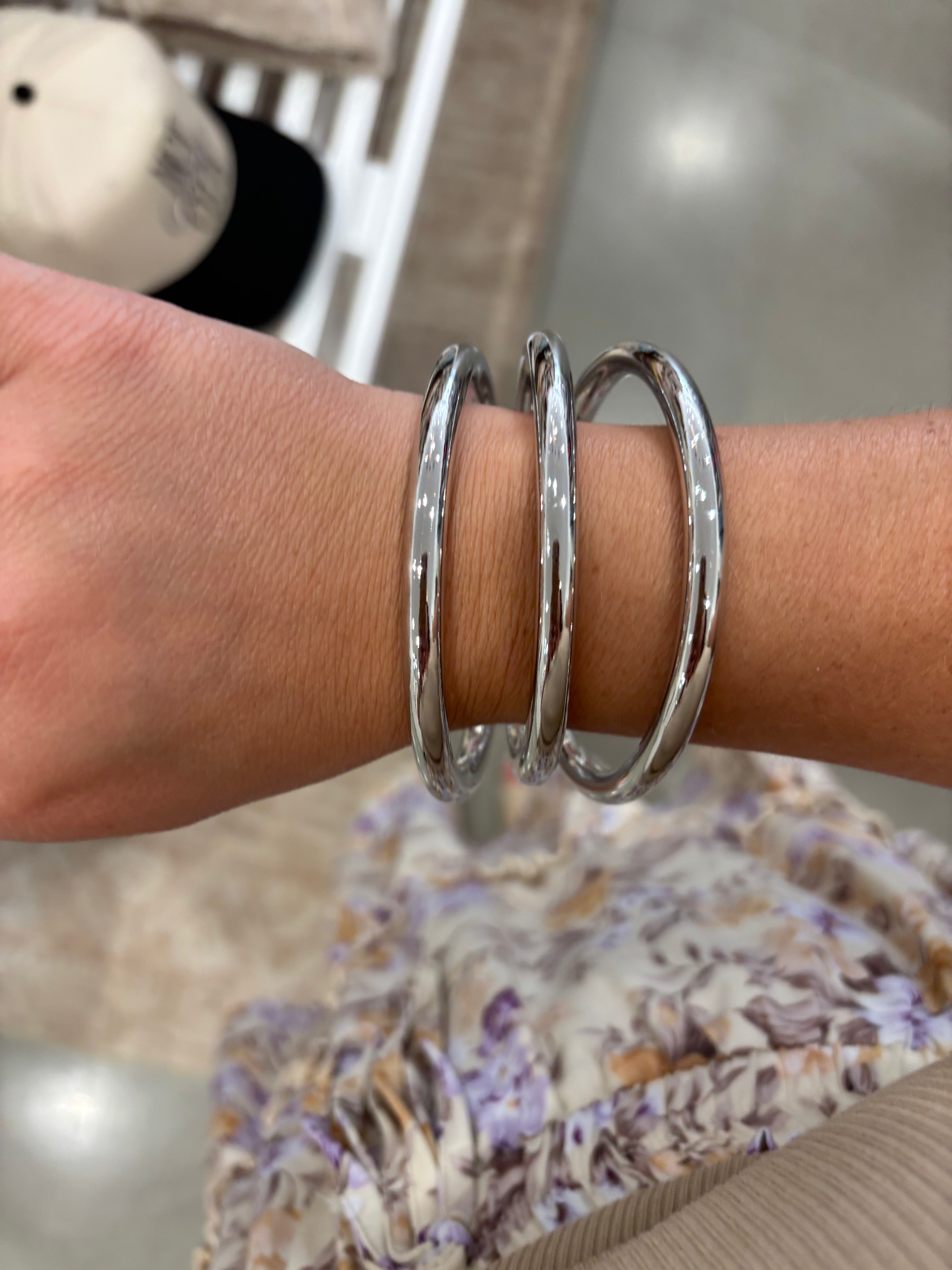Chunky Triple Tube Bangle Set | Silver
