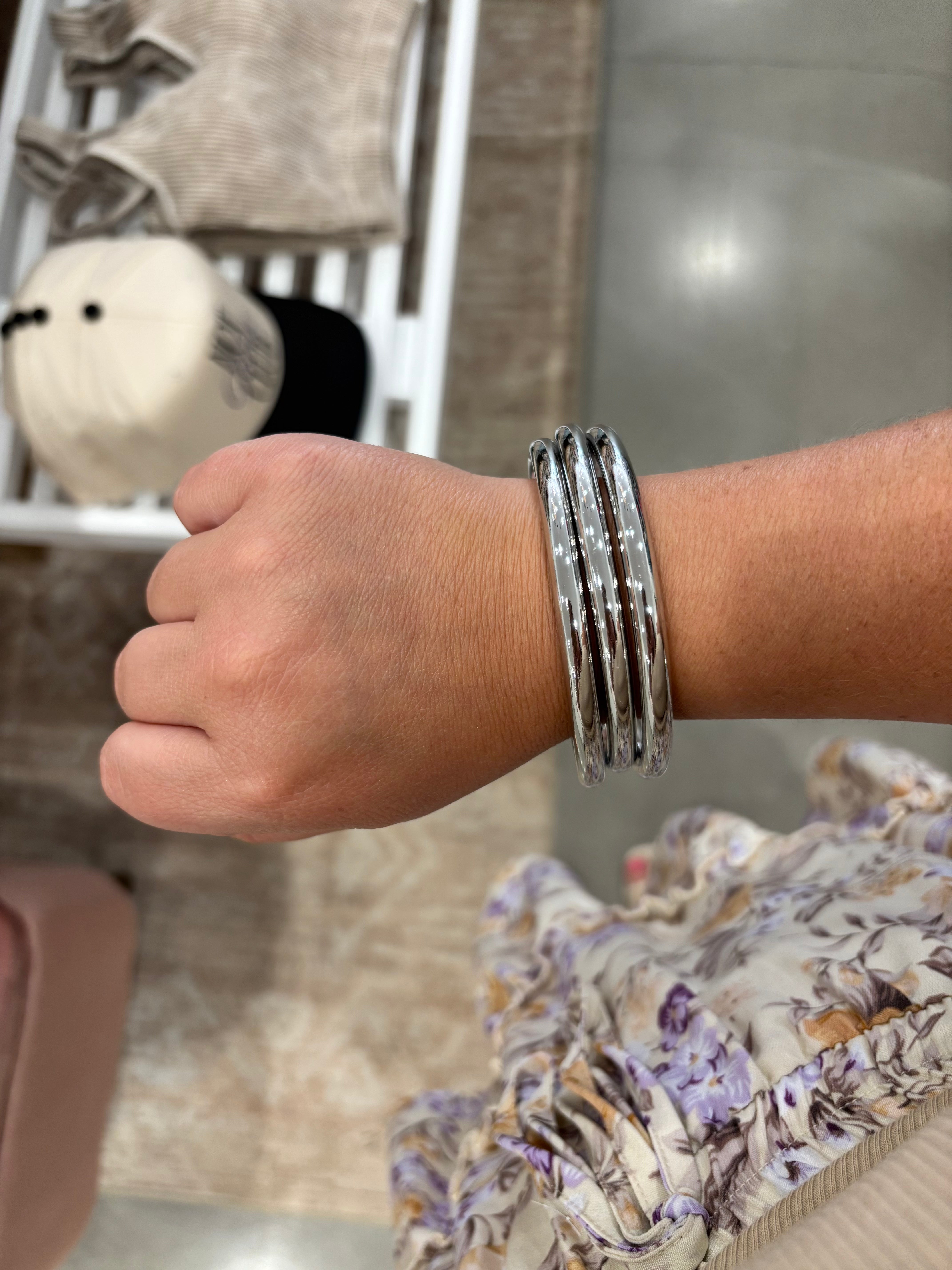 Chunky Triple Tube Bangle Set | Silver