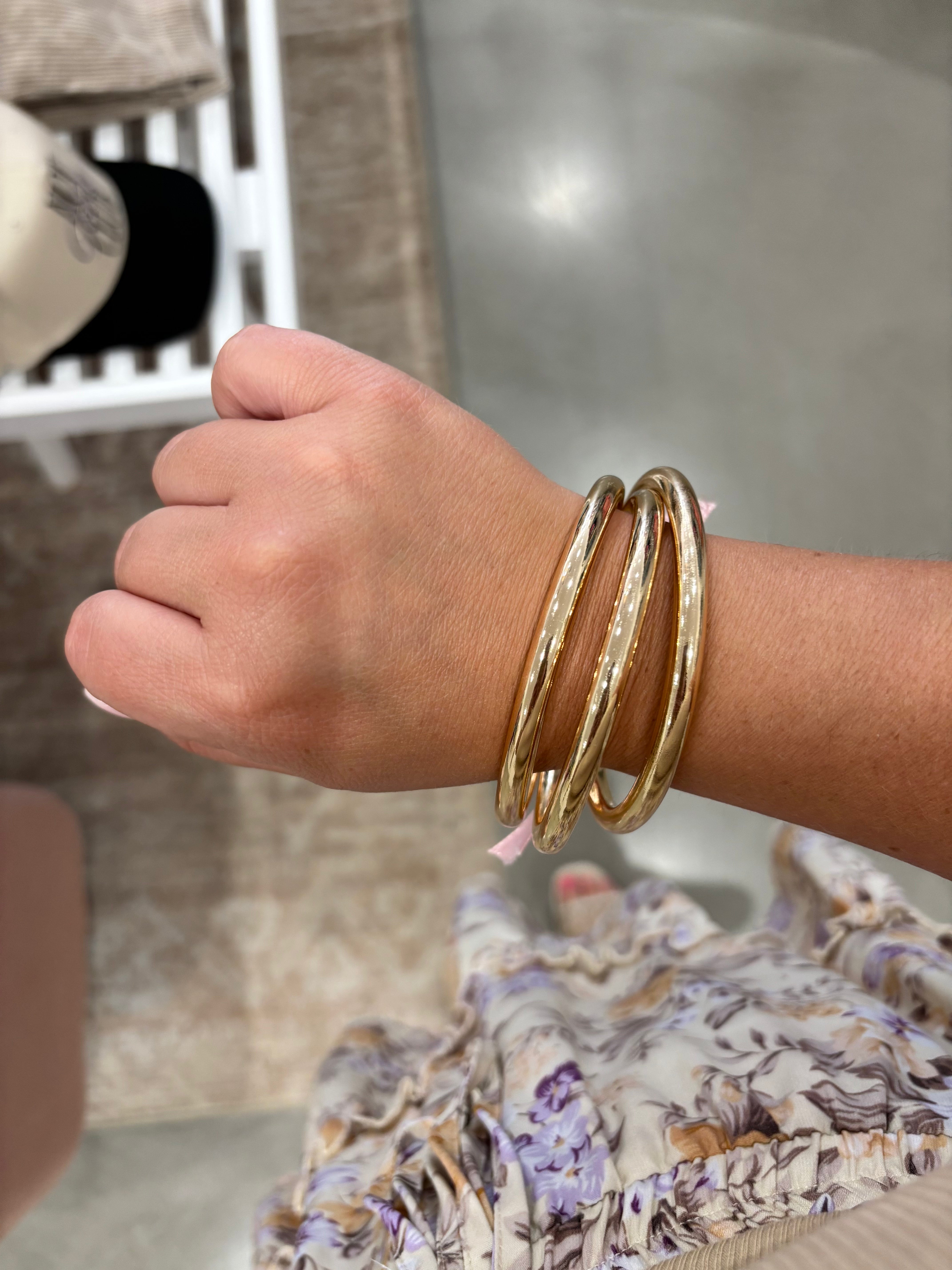 Chunky Triple Tube Bangle Set | Gold