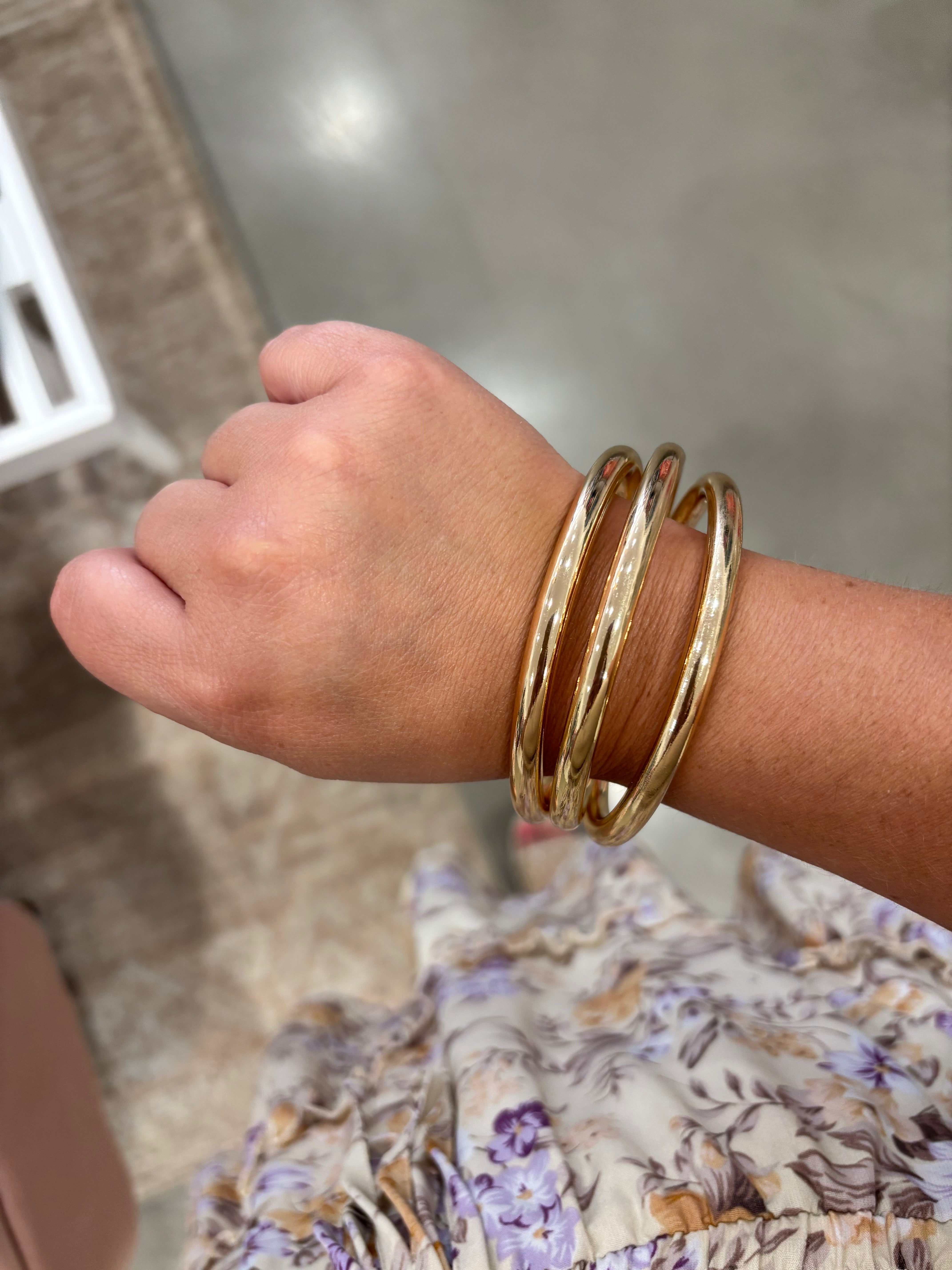 Chunky Triple Tube Bangle Set | Gold