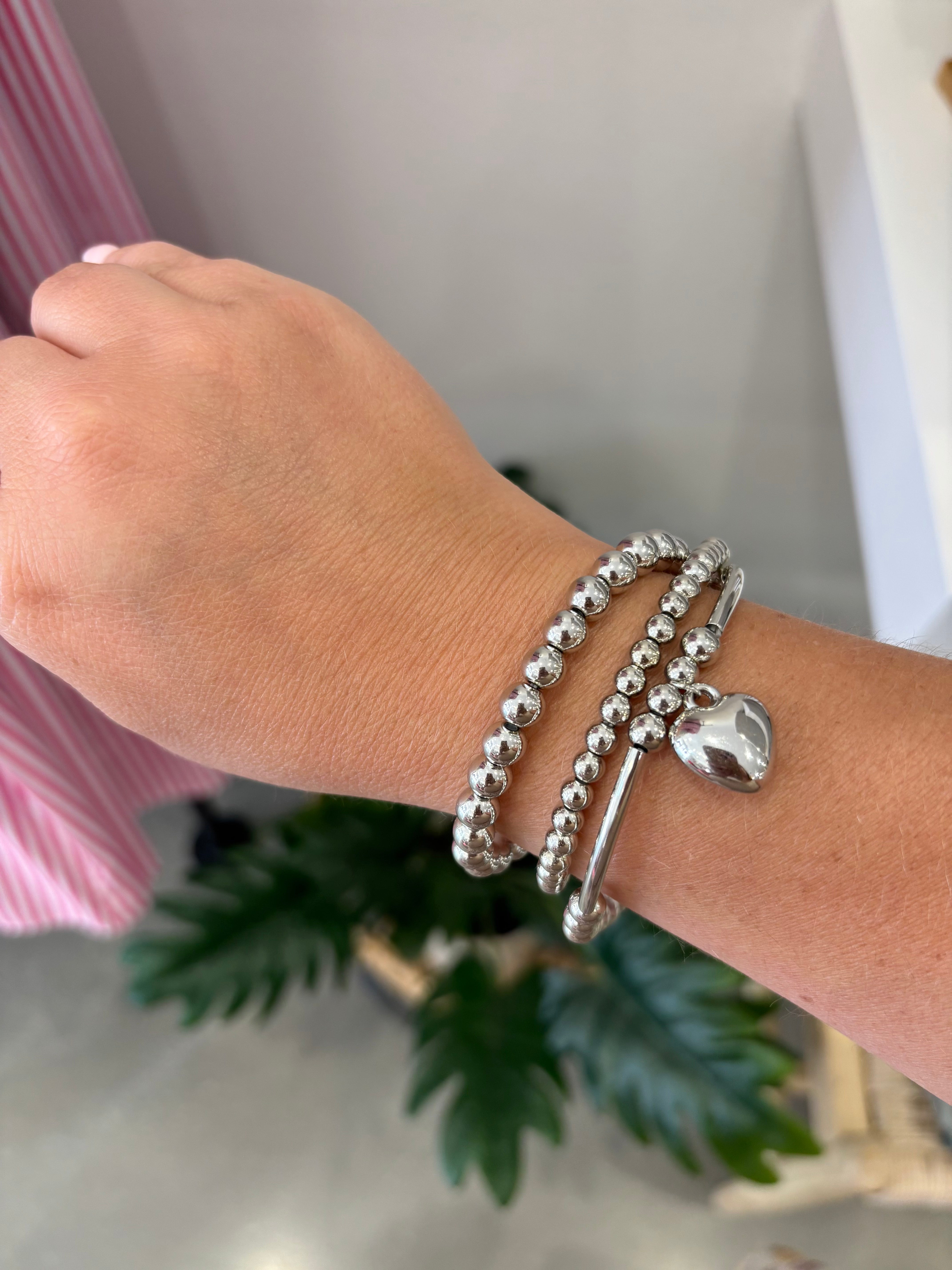 Heart Charm Beaded Bracelet Set | Silver